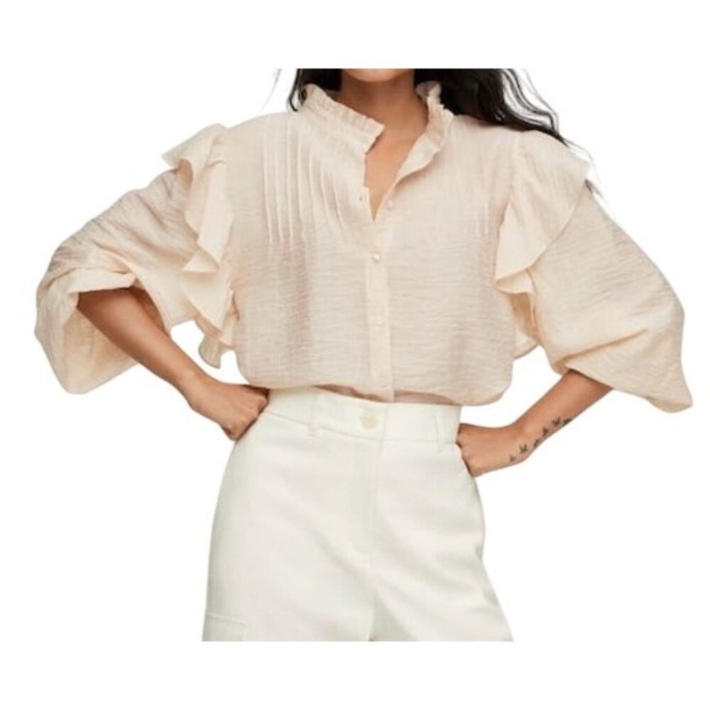 Mng Mango Lyocell Blouse Top Size Small Beige Ruf… - image 1